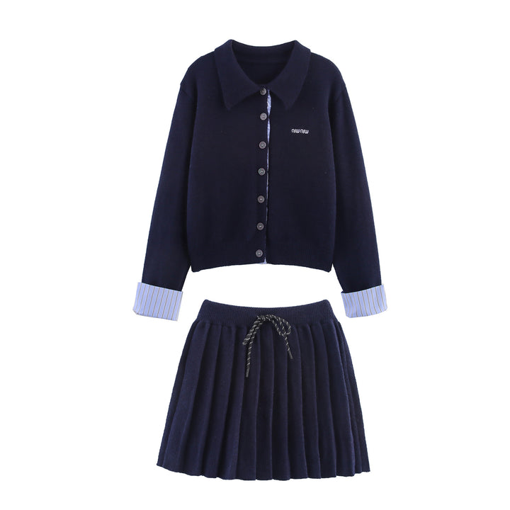 Women Two-Piece Fine Knit Set with Shirt Collar Cardigan and Pleated Skirt Mune Fashion
