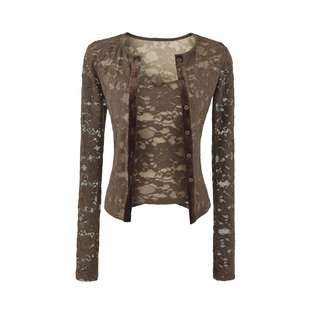 Ladies Fine Lace Cardigan with Matching Under Top and Velvet Trim Mune Fashion