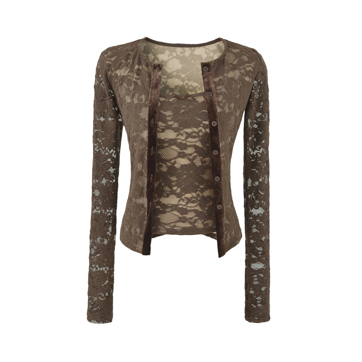 Ladies Fine Lace Cardigan with Matching Under Top and Velvet Trim Mune Fashion