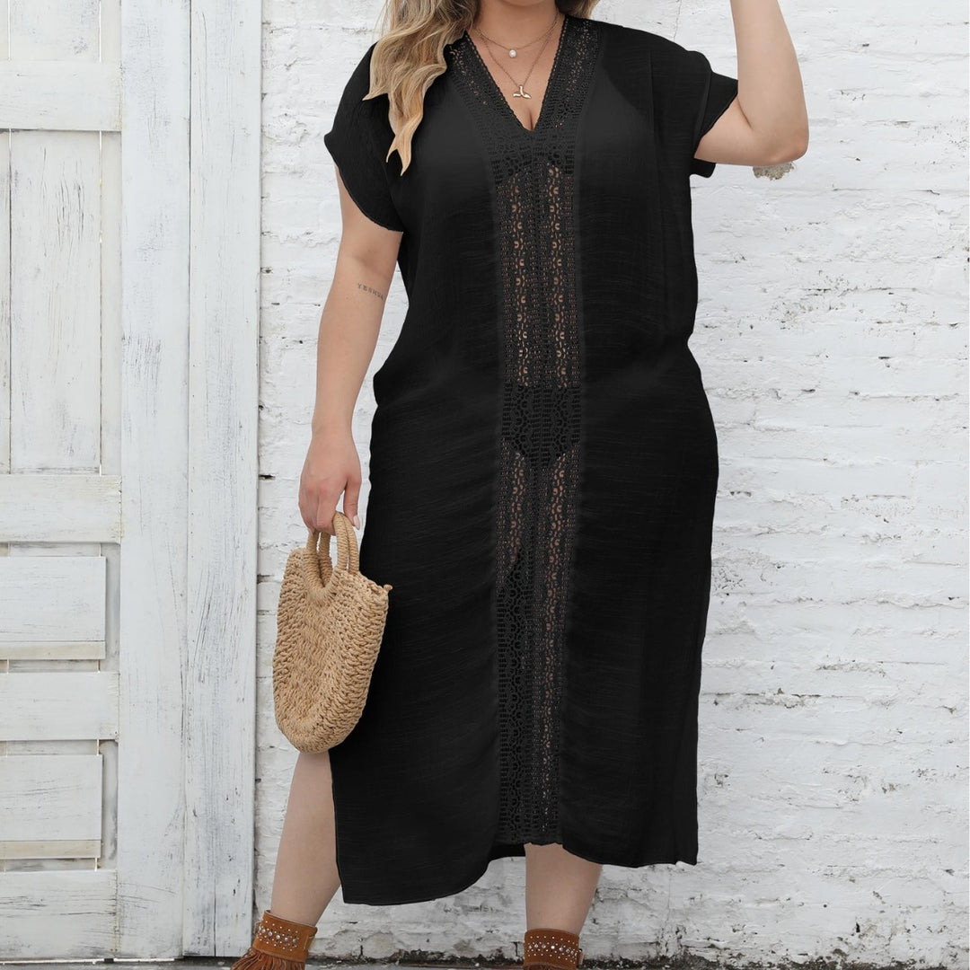 Ladies elegant maxi kaftan with generous V-neckline and delicate crochet accents Mune Fashion
