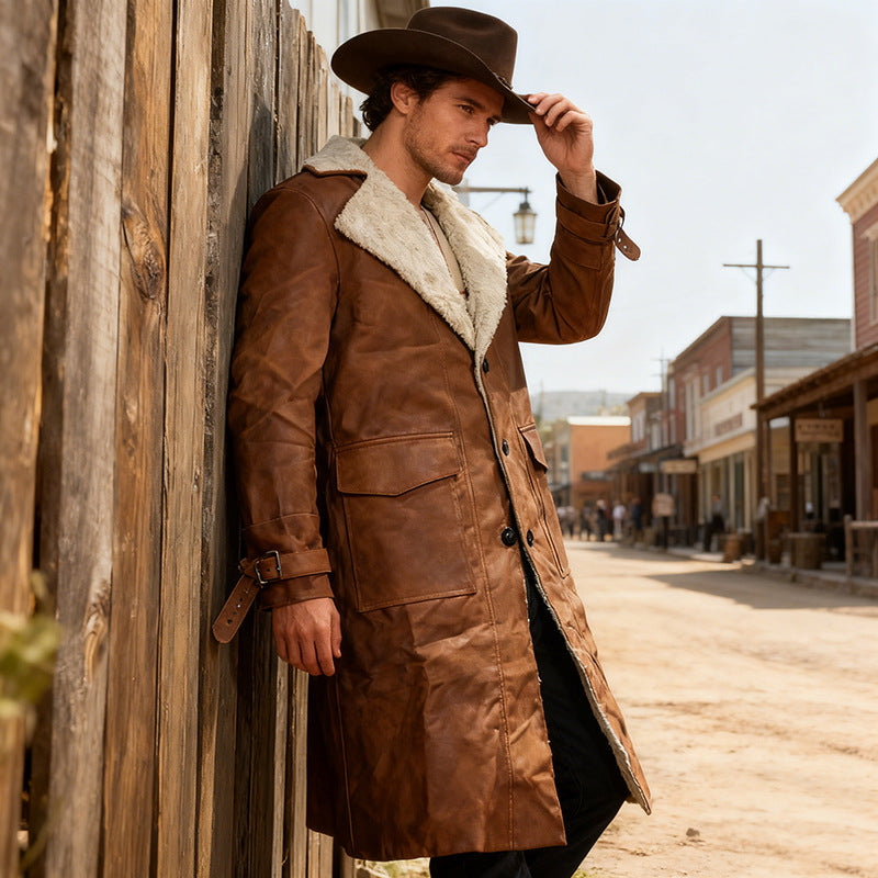 Men's Long Vintage Faux Leather Coat with Teddy Lining and Adjustable Buckle Cuffs Mune Fashion