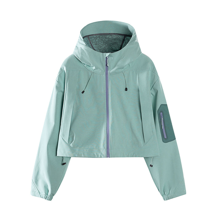 Women's Short Waterproof Hoodie Jacket with Adjustable Hem and Arm Pocket Mune Fashion
