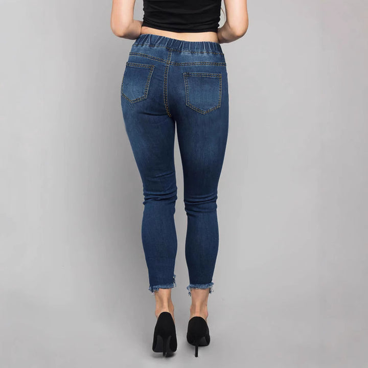 Women High-Waisted Destroyed Jogger Jeans with Elastic Drawstring Waistband and Cropped Frayed Hem Mune Fashion