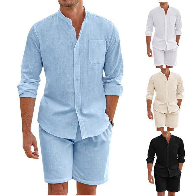 Men's linen-look two-piece set with stand-up collar shirt, chest pocket, and casual shorts Mune Fashion