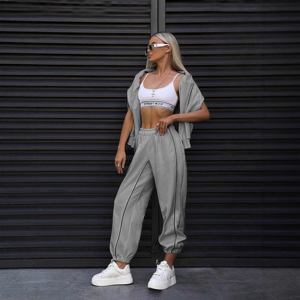 Women nan short Crop sweatshirt and casual jogging pants with contrasting piping Mune Fashion