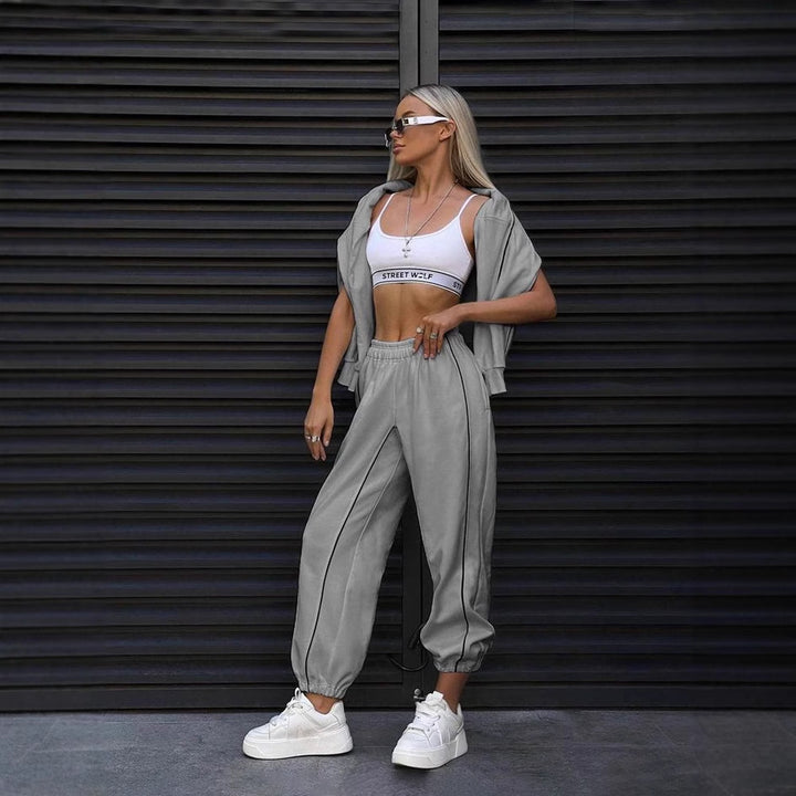 Women nan short Crop sweatshirt and casual jogging pants with contrasting piping Mune Fashion