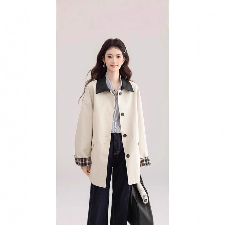 Women's Oversized Trench Coat with Contrast Collar and Check Lining Mune Fashion