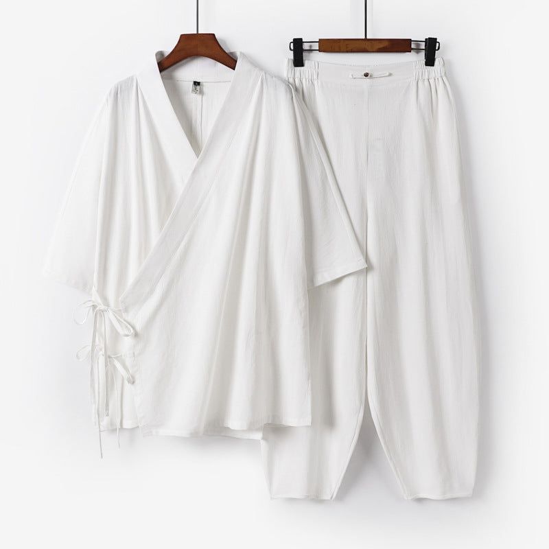 Unisex Lightweight Wrap Lounge Set in Kimono Style with Side Ties and Elastic Tapered Pants Mune Fashion