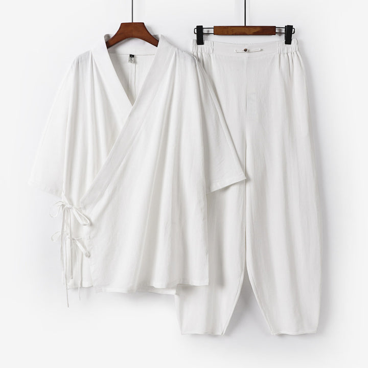 Unisex Lightweight Wrap Lounge Set in Kimono Style with Side Ties and Elastic Tapered Pants Mune Fashion