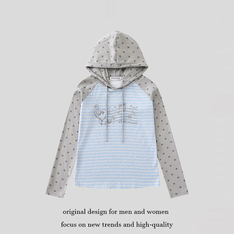 Women's hooded long sleeve shirt in raglan style with star sleeves and note print Mune Fashion