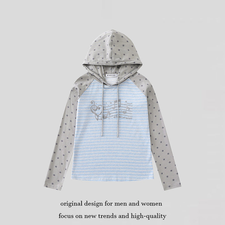 Women's hooded long sleeve shirt in raglan style with star sleeves and note print Mune Fashion
