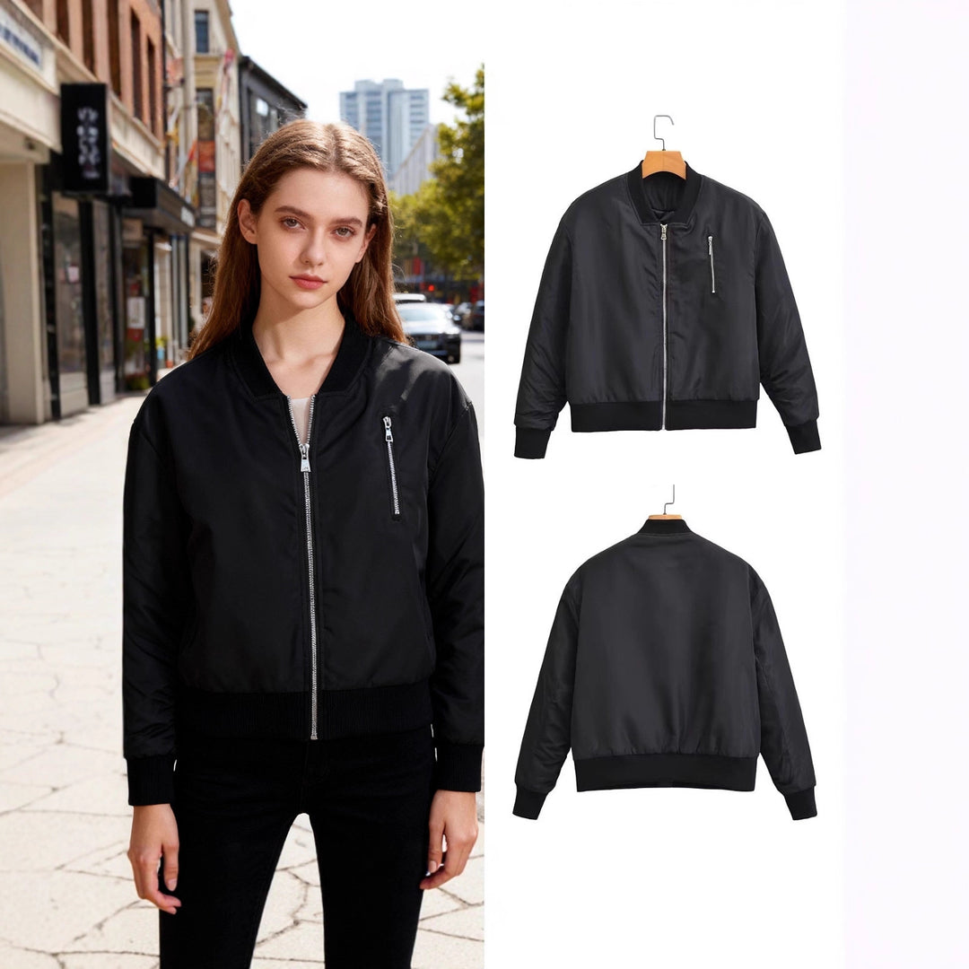 Women short cut nylon bomber jacket with shiny surface, padded lining and metal zipper Mune Fashion