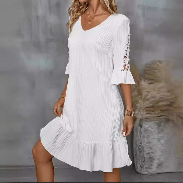 Women's lightweight pleated midi dress with V-neck, three-quarter sleeves with lace trim and ruffled hem Mune Fashion