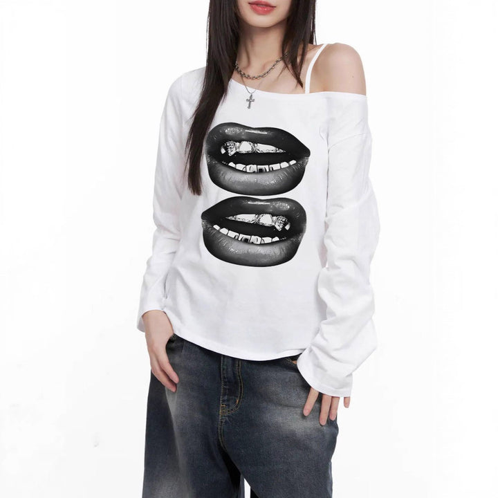 Women's asymmetrical off-shoulder long sleeve shirt with double lip print, relaxed oversized fit and soft cotton mix Mune Fashion