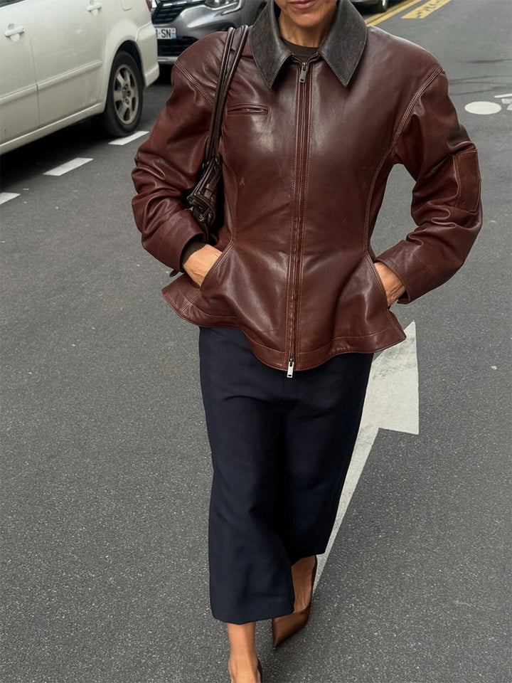 Women’s leather jacket with tailored peplum, zipper & large shirt collar Mune Fashion