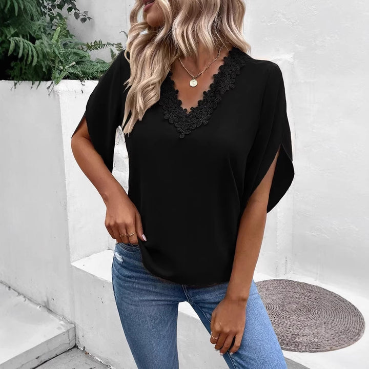 Women's Elegant V-neck Blouse with Floral Lace Edge and Batwing Sleeves Mune Fashion
