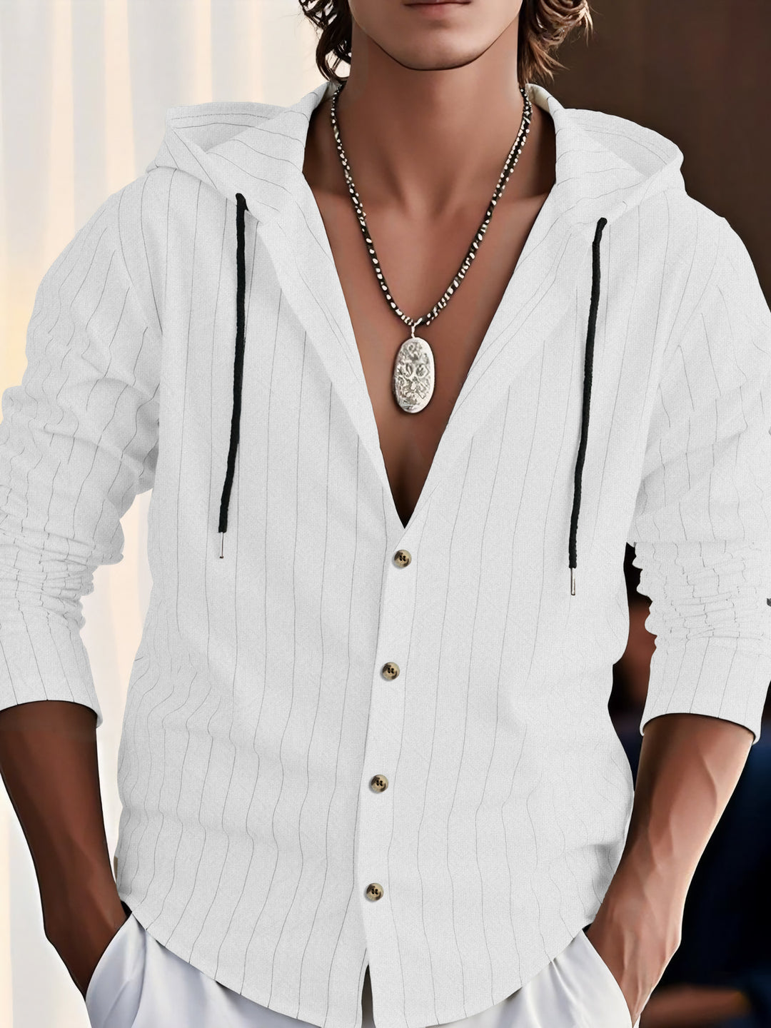 Men's Lightweight Hoodie Shirt with Button Placket and Fine Pinstripe Structure Mune Fashion