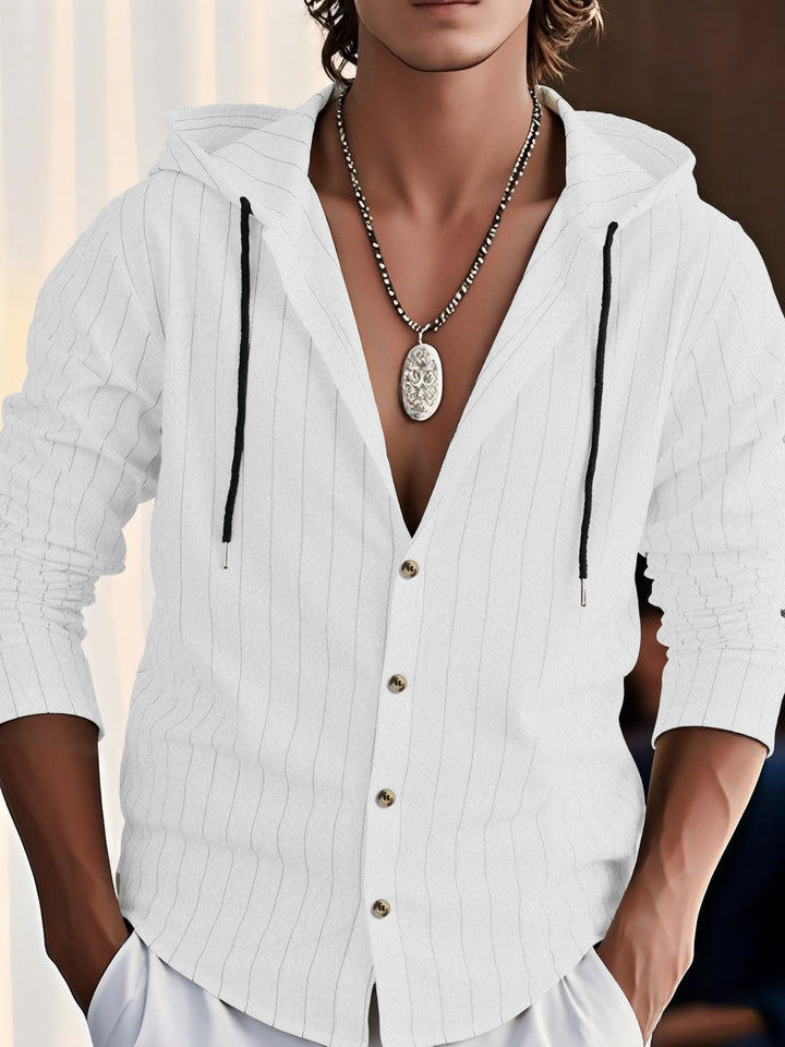 Men's Lightweight Hoodie Shirt with Button Placket and Fine Pinstripe Structure Mune Fashion
