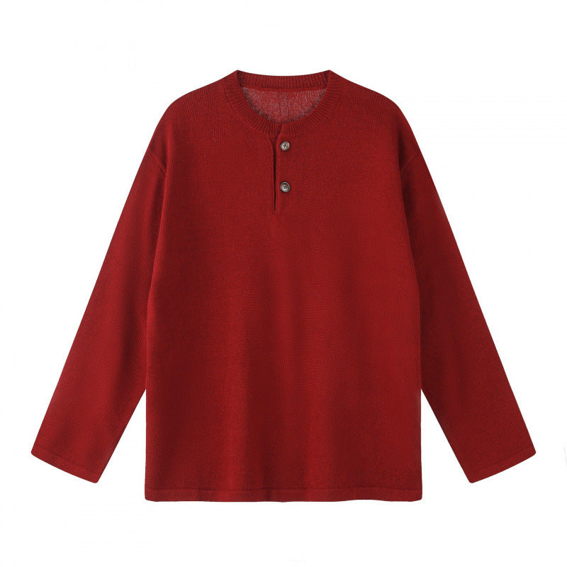 Unisex Oversize knit sweater with Henley button placket, straight hem and light texture Mune Fashion