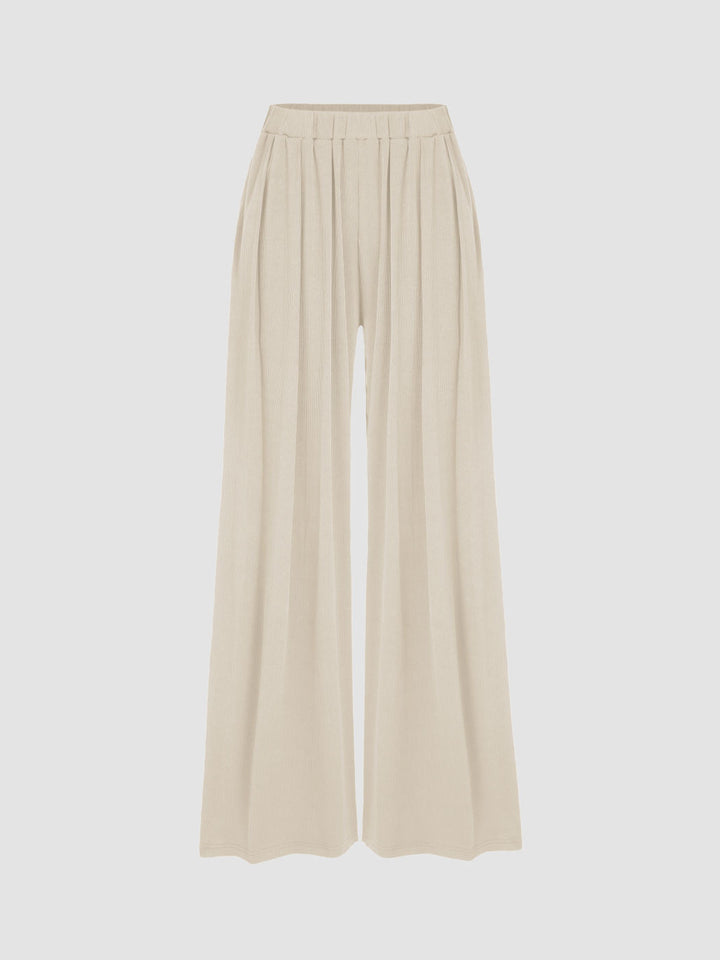 Women's Wide Palazzo Knit Trousers with High Elastic Waistband and Fine Ribbed Texture Drune