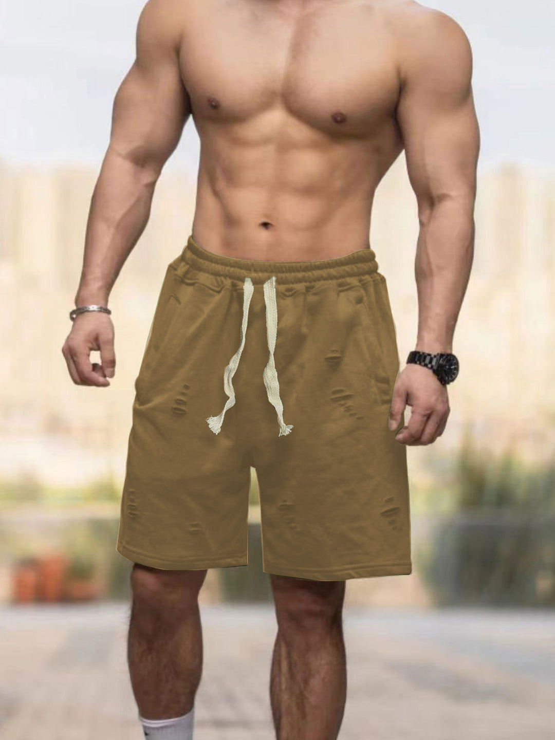 Men's casual sweat shorts with elastic drawstring waistband, side pockets, and used look Mune Fashion