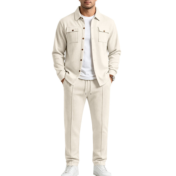 Men's Structured Knit Set Overshirt with Chest Pockets & Slim Jogging Pants Mune Fashion