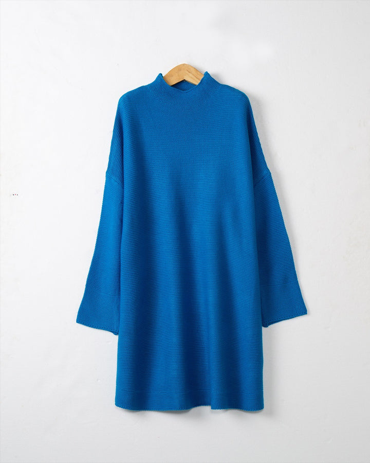 Women Oversize Knit Tunic with Short Stand-up Collar and Dropped Shoulder Mune Fashion