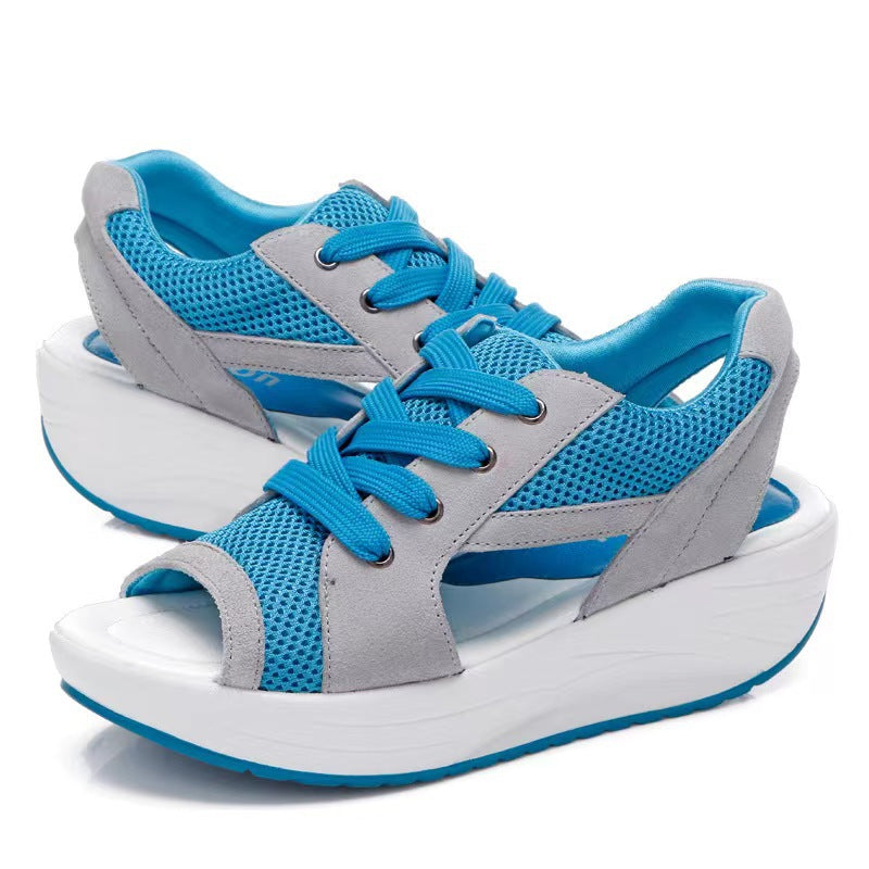 Women's sporty wedge sandal in sneaker style with breathable mesh, padded comfort insole, and open toe area Mune Fashion