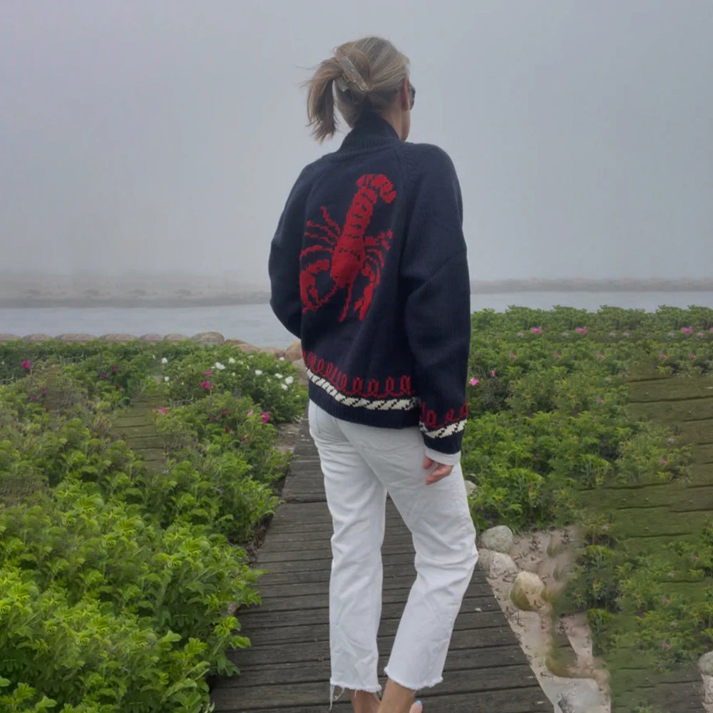 Women's Oversize Knitted Cardigan with Whale Motif and Nautical Contrast Border Mune Fashion