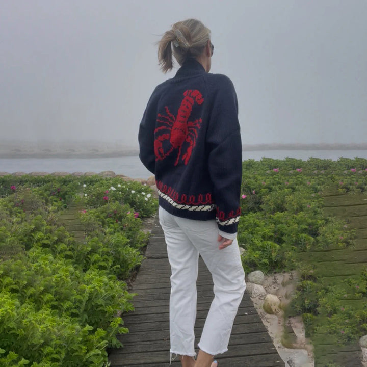 Women's Oversize Knitted Cardigan with Whale Motif and Nautical Contrast Border Mune Fashion
