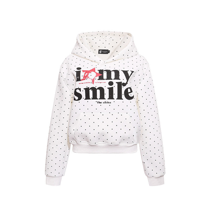 Women’s hoodie sweatshirt with polka dot pattern, kangaroo pocket and large typographic print Mune Fashion