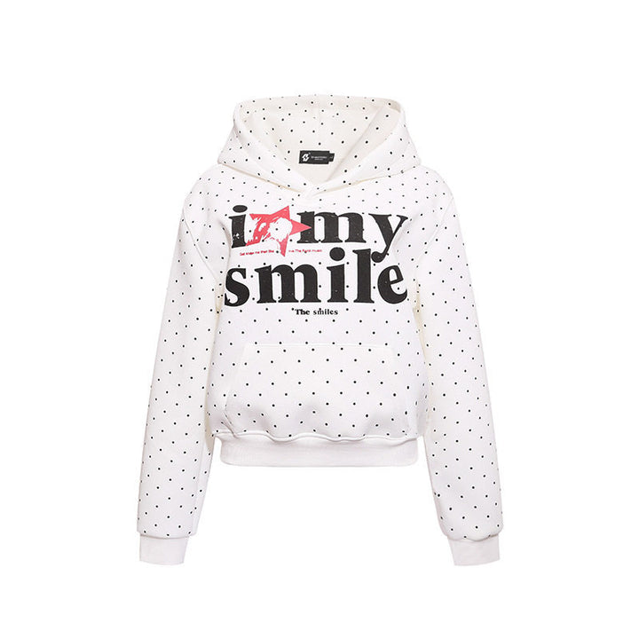 Women’s hoodie sweatshirt with polka dot pattern, kangaroo pocket and large typographic print Mune Fashion