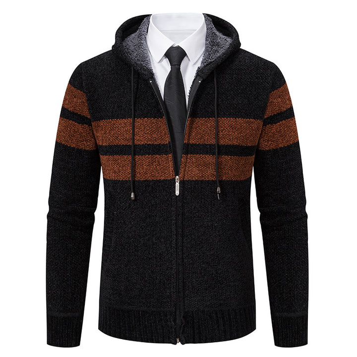 Men's knitted hoodie jacket with teddy lining, concealed zipper and contrast stripes Mune Fashion