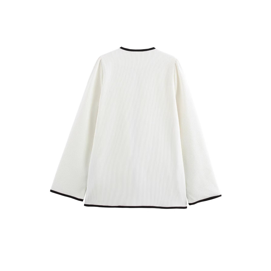 Women's Elegant Short Jacket without Collar with Contrast Piping, Ties and Patch Pockets Mune Fashion