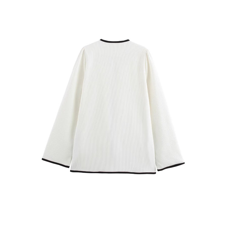 Women's Elegant Short Jacket without Collar with Contrast Piping, Ties and Patch Pockets Mune Fashion