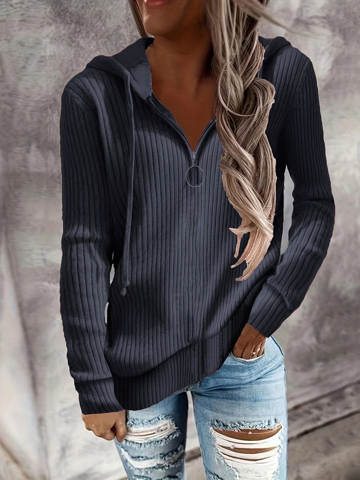 Women's Casual Ribbed Knit Hoodie with Half-Zip and Ring Zipper Drune