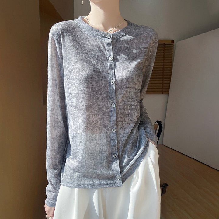 Ladies Lightweight Watercolor Print Fine Knit Cardigan with Round Neck and Button Placket Mune Fashion