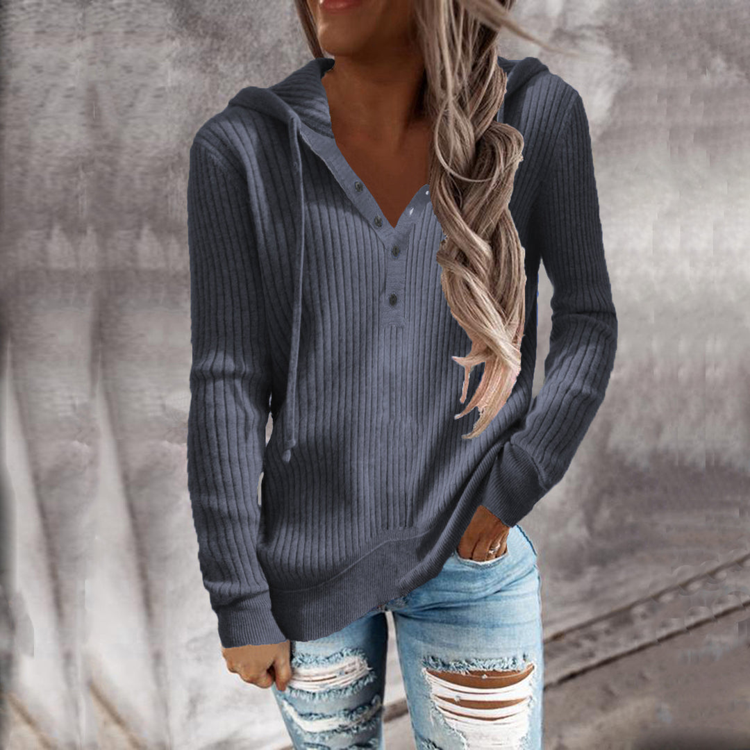 Women's Casual Ribbed Hoodie Sweater with Henley Button Placket and Drawstring Hood