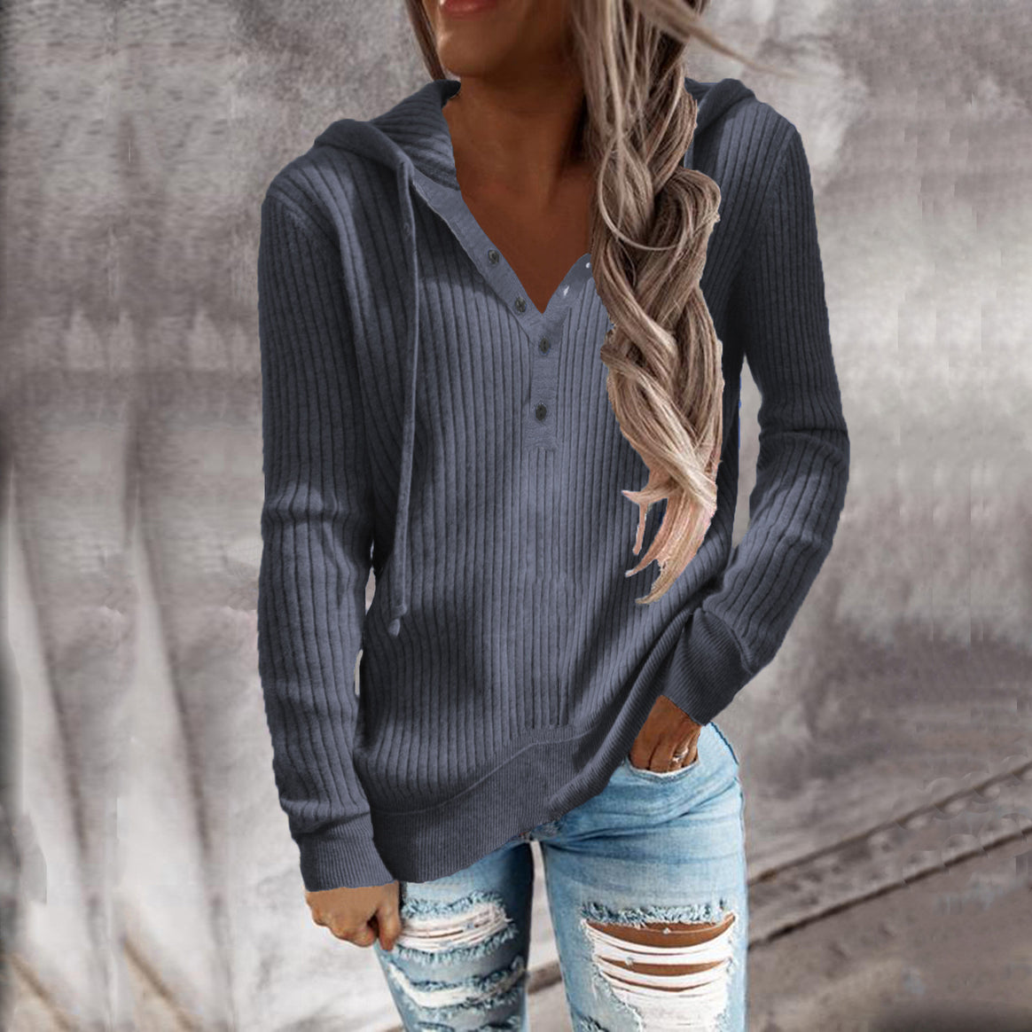 Women's Casual Ribbed Hoodie Sweater with Henley Button Placket and Drawstring Hood