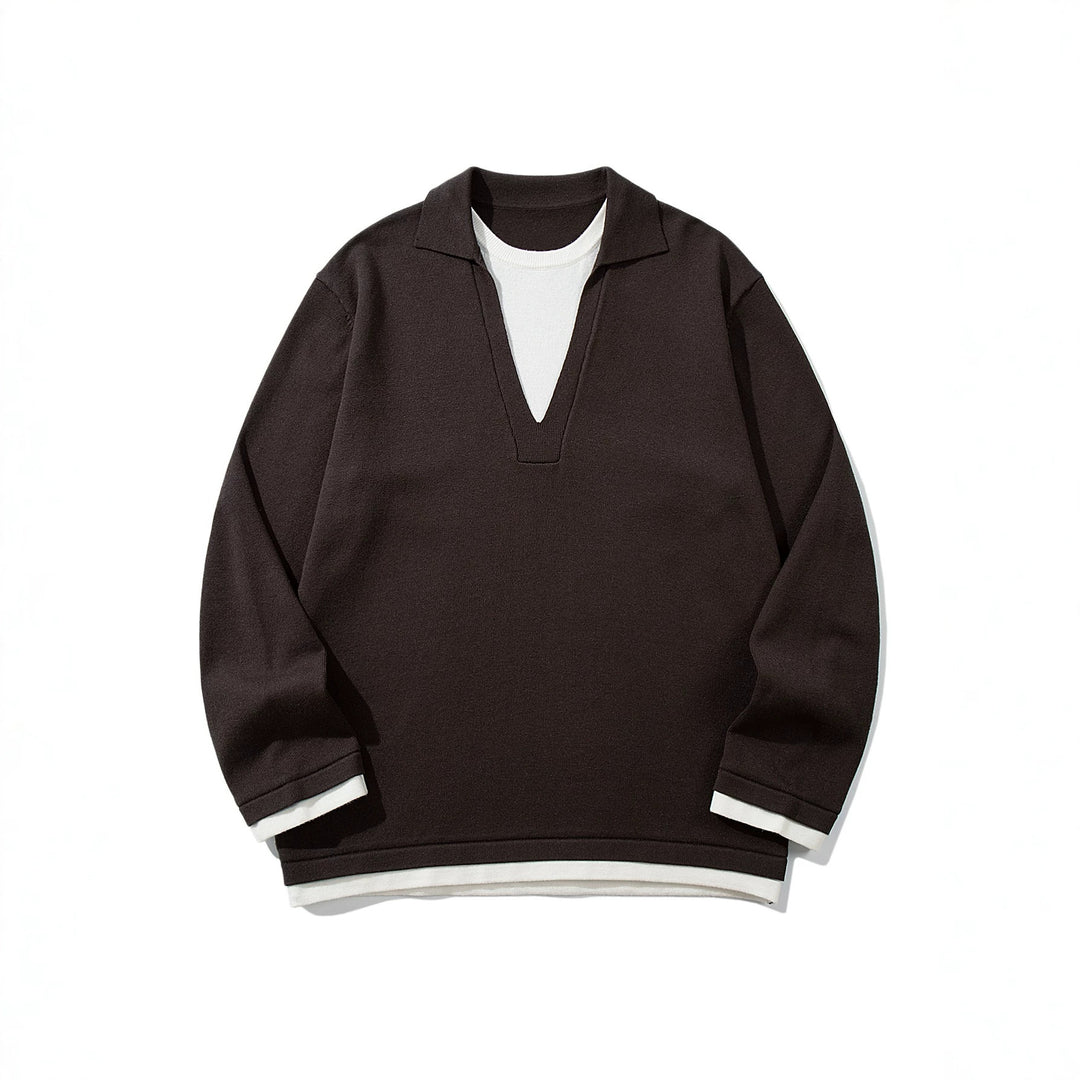 Unisex Casual Oversized Knit Sweater with Deep V Insert and Shirt Layer Look Mune Fashion