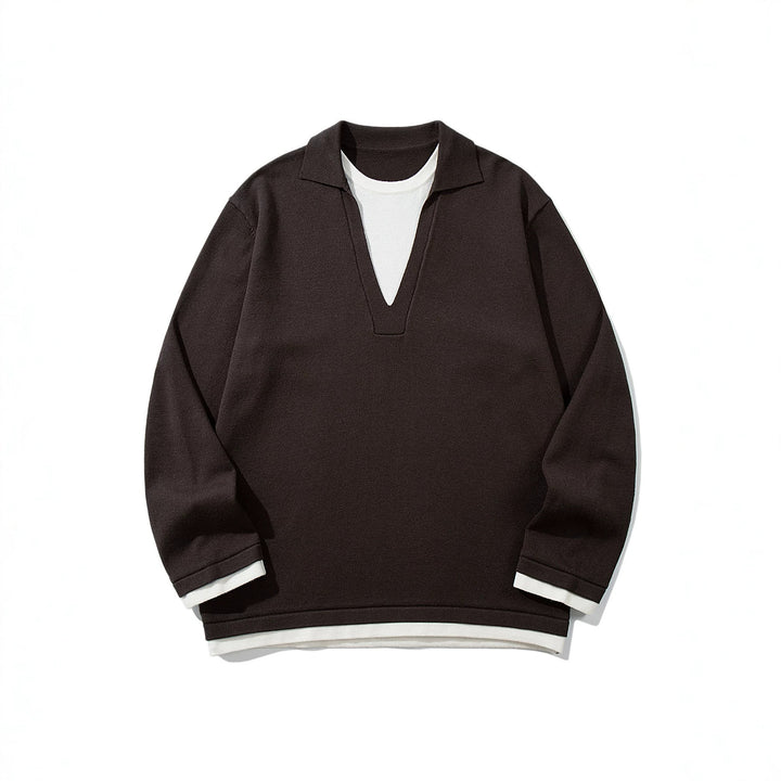 Unisex Casual Oversized Knit Sweater with Deep V Insert and Shirt Layer Look Mune Fashion