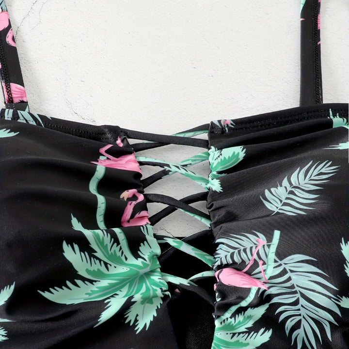 Women's one-piece swimsuit with sophisticated ruffle details and floral top Mune Fashion