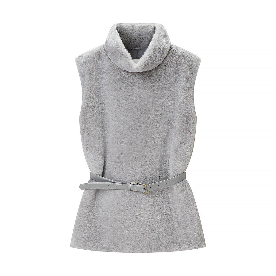 Ladies Sleeveless Faux Fur Vest with Turtleneck and Waist Belt Mune Fashion