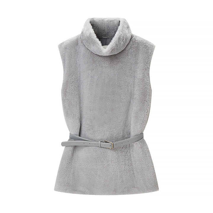 Ladies Sleeveless Faux Fur Vest with Turtleneck and Waist Belt Mune Fashion