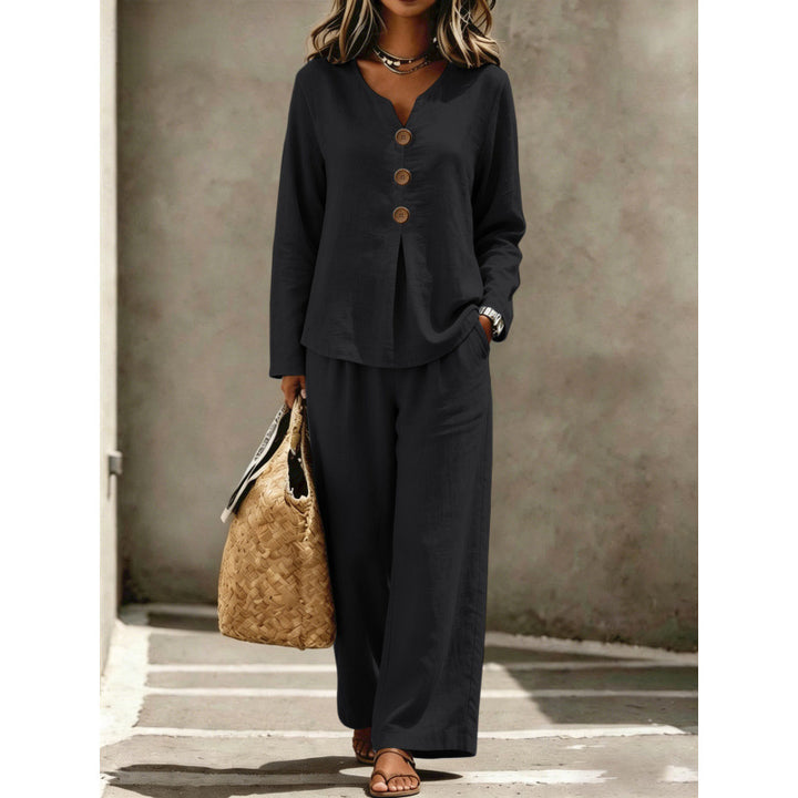 Women's Two-Piece Linen Look Lounge Set with V-Neck, Button Blouse and Wide Palazzo Pants Mune Fashion