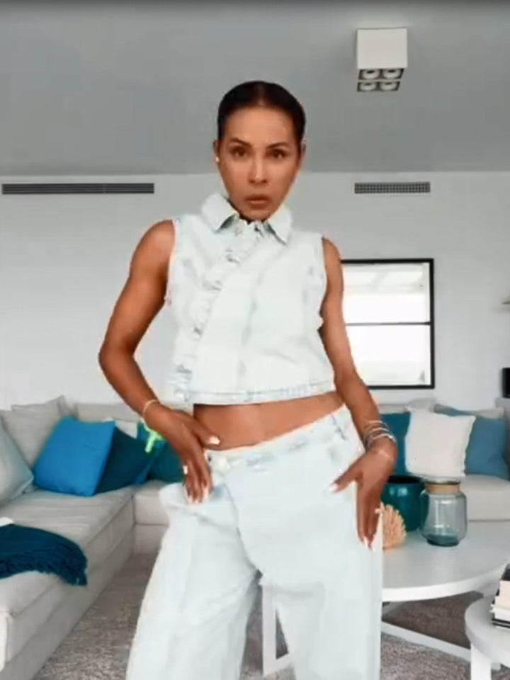 Women's Cropped Sleeveless Denim Set with Tailored Vest & Wide High-Waist Pants Mune Fashion