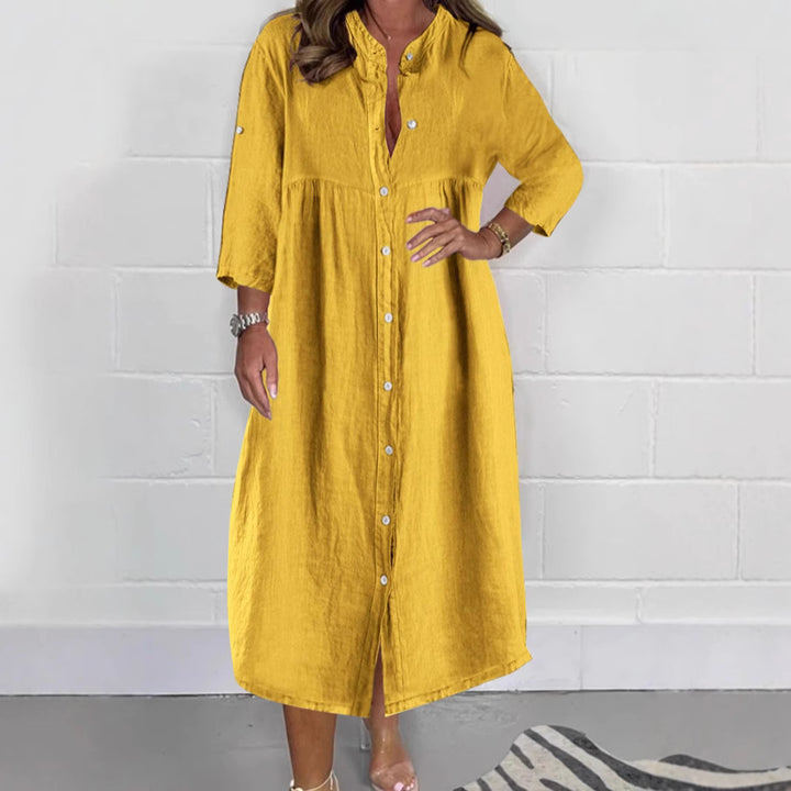 Women Loose Empire Midi Shirt Dress in Linen Look with Stand-Up Collar and 3/4 Sleeves Mune Fashion