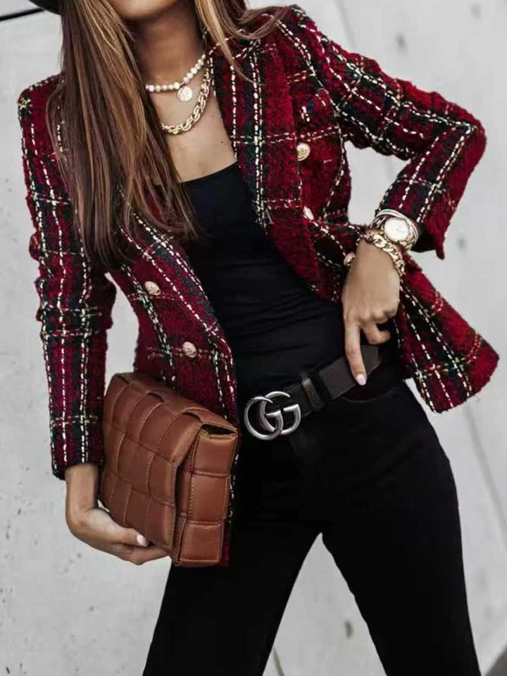 Women Boucle Tweed Blazer with Check Pattern and Double-Breasted Button Placket Drune