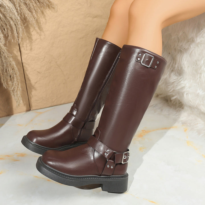 Ladies Knee-High Biker Boots with Side Zipper and Decorative Buckles Mune Fashion
