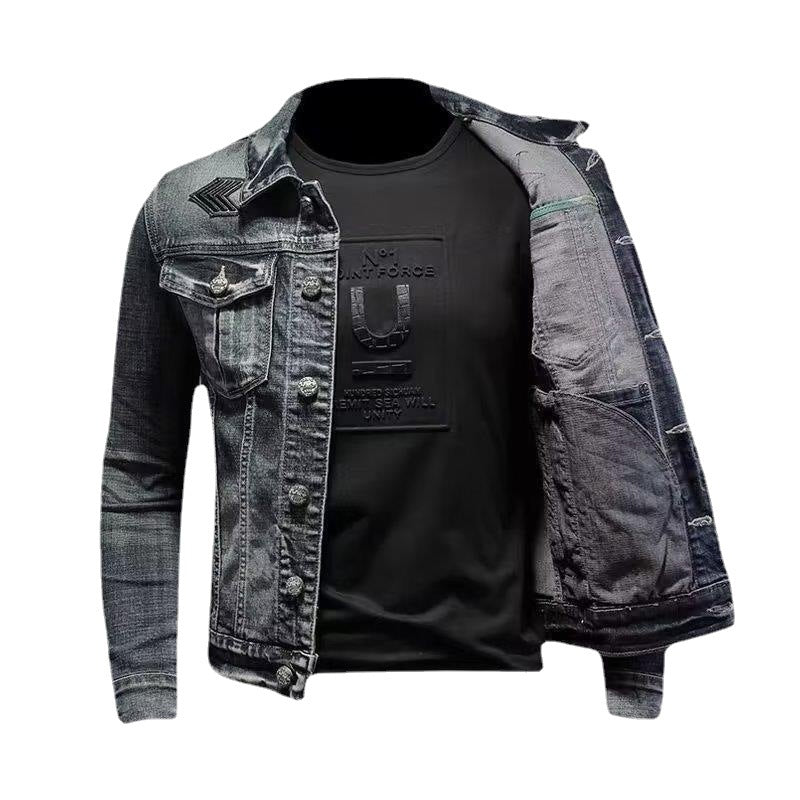 Men's jeans jacket with used wash, press stud chest pockets and discreet Mune Fashion embroidery.